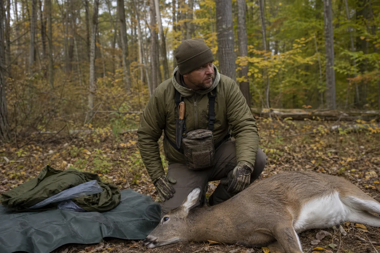 A hunter kneels beside a deer and prepares the area before starting field dressing.