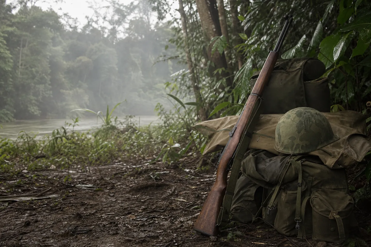 A battle rifle rests beside field gear at the edge of a humid jungle setting.