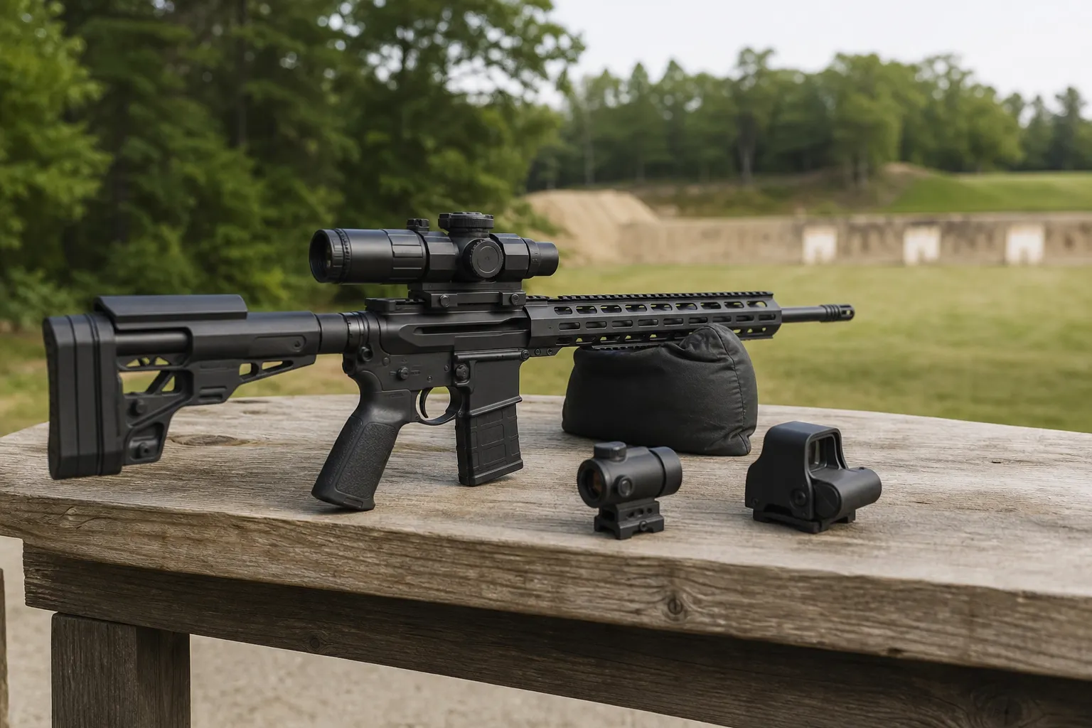 A rifle rests safely on a shooting bench beside three compact optics for comparison at an outdoor range.