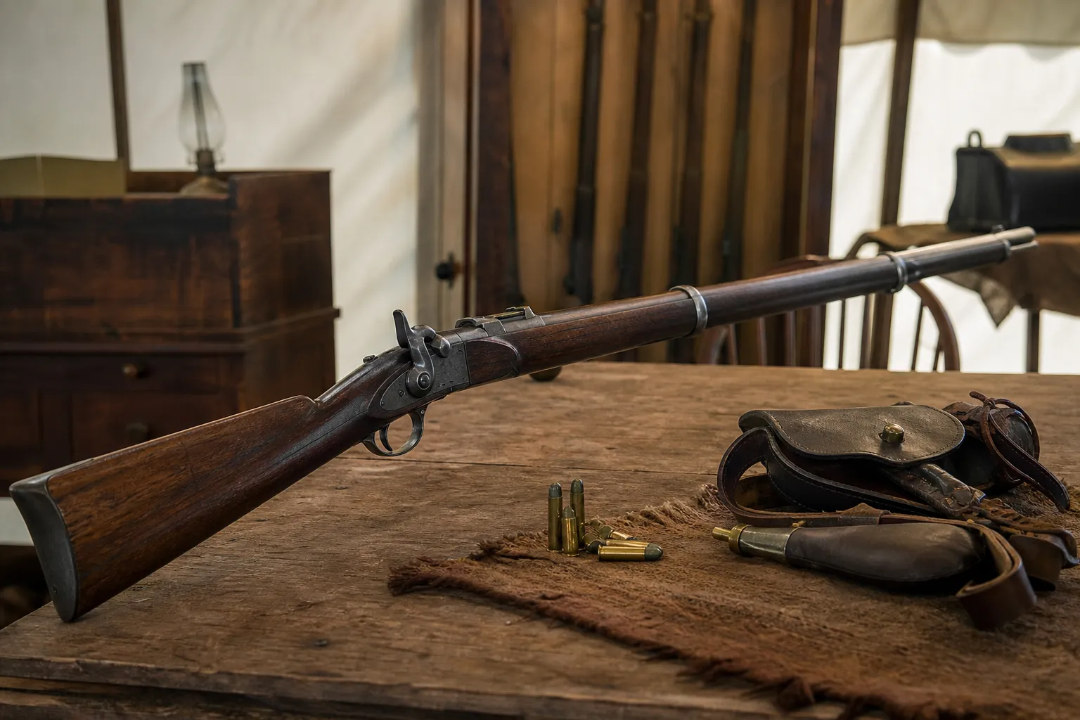 A historical rifle and black powder era cartridges displayed on a table in a museum style setting.