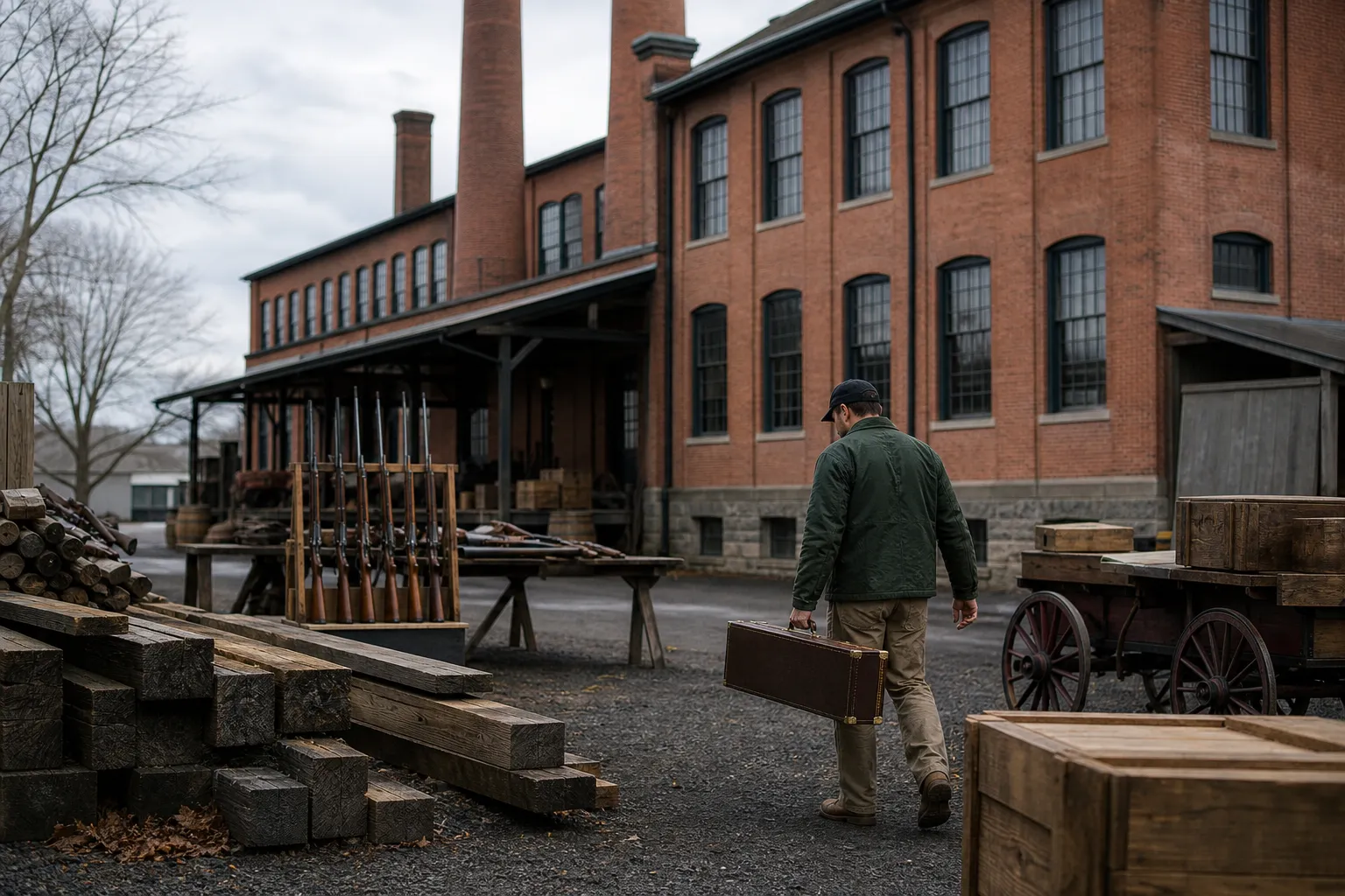 A historic red brick Hartford factory exterior reflects Colt’s mature industrial era.