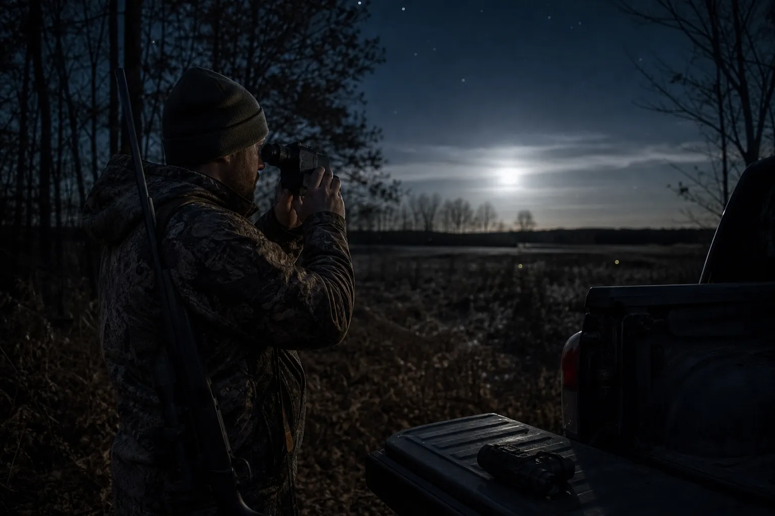 An adult hunter stands beside a vehicle at night in a rural field holding a night vision device while another device rests on the tailgate.