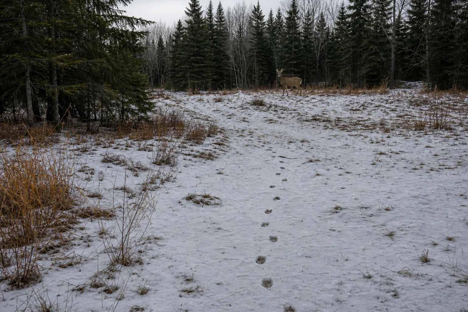 A line of deer tracks crossing a forest opening in a walking pattern.