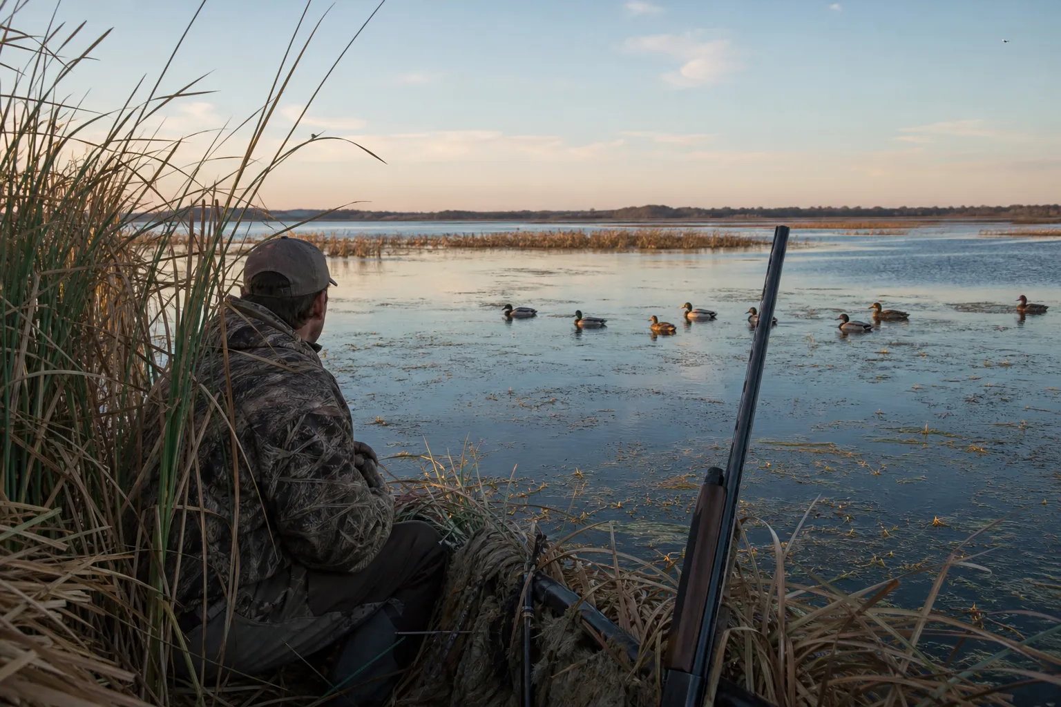 Canvasbacks rest and feed in a shallow marsh with reeds and open water.