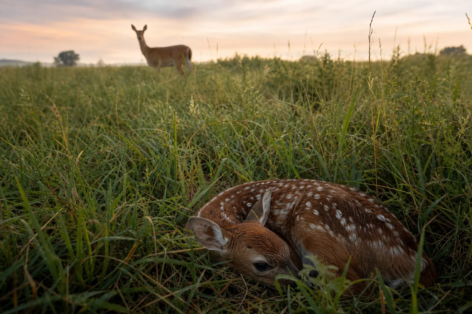 A spotted fawn lies hidden in tall grass while its mother stands farther away.