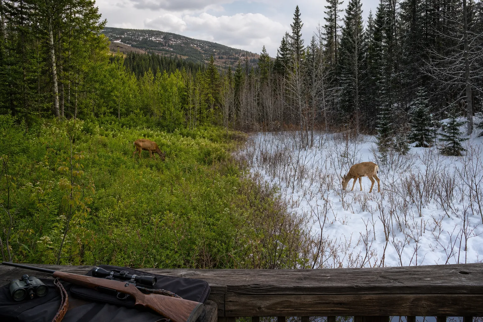 A deer habitat shifts from green summer growth to snowy winter browse.