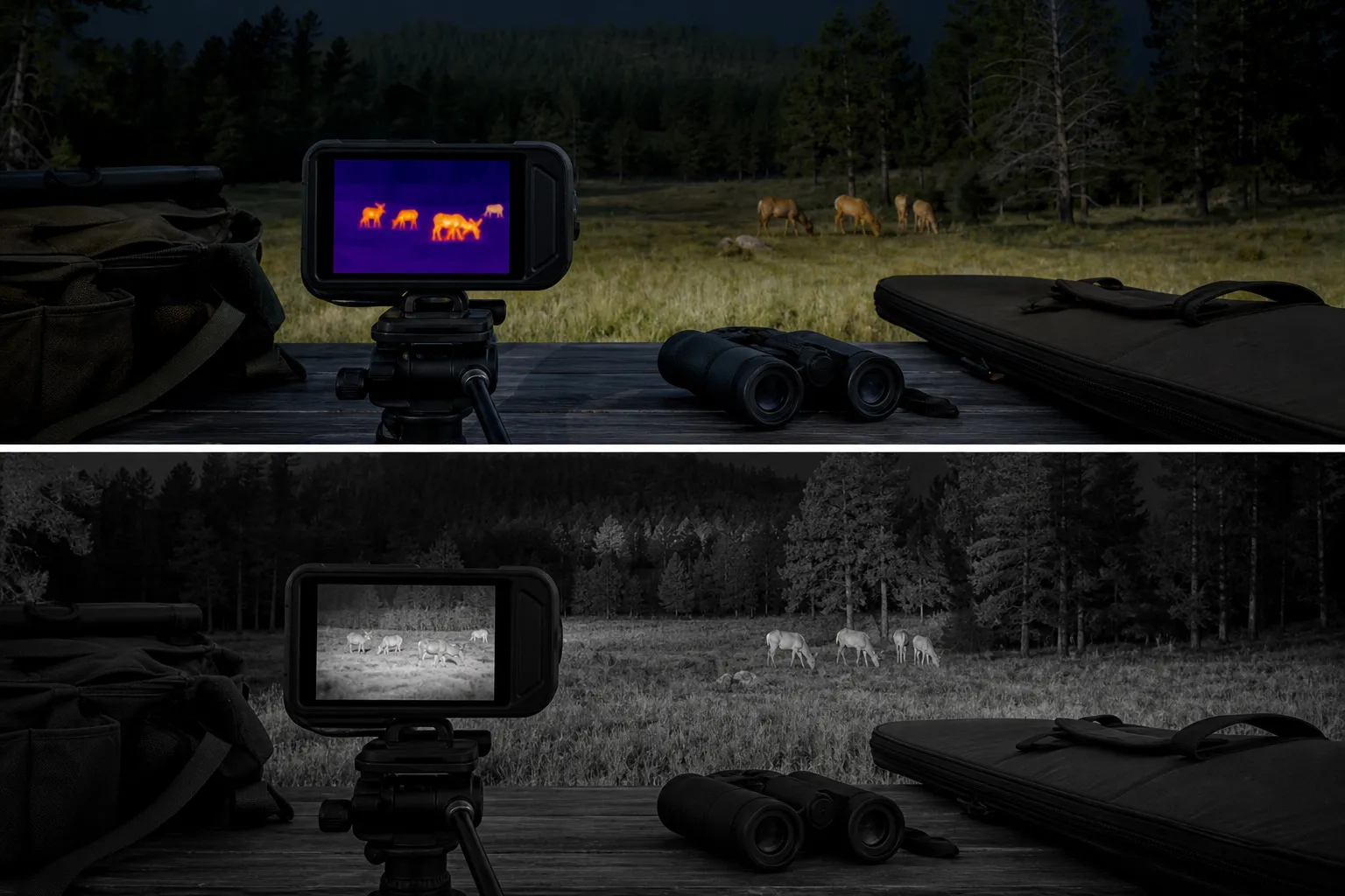 A comparison setup shows how thermal and night vision views differ when looking over the same night landscape.