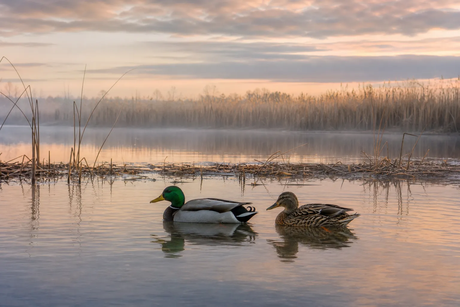 A drake and hen mallard float together on a quiet marsh at dawn with reeds and mist in the background.
