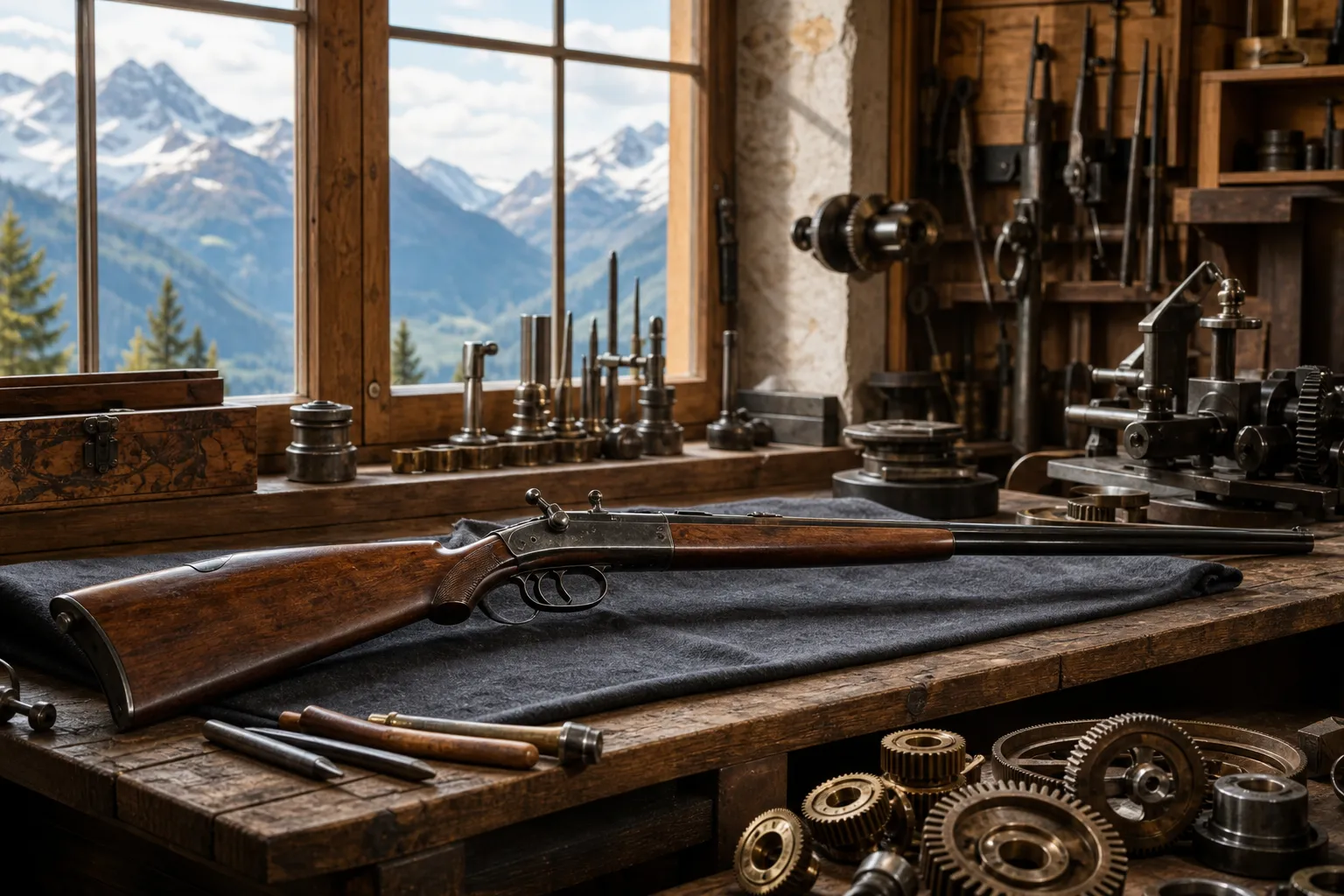 A historical workshop display evoking Swiss firearm manufacturing roots with tools and a safely placed old style gun.