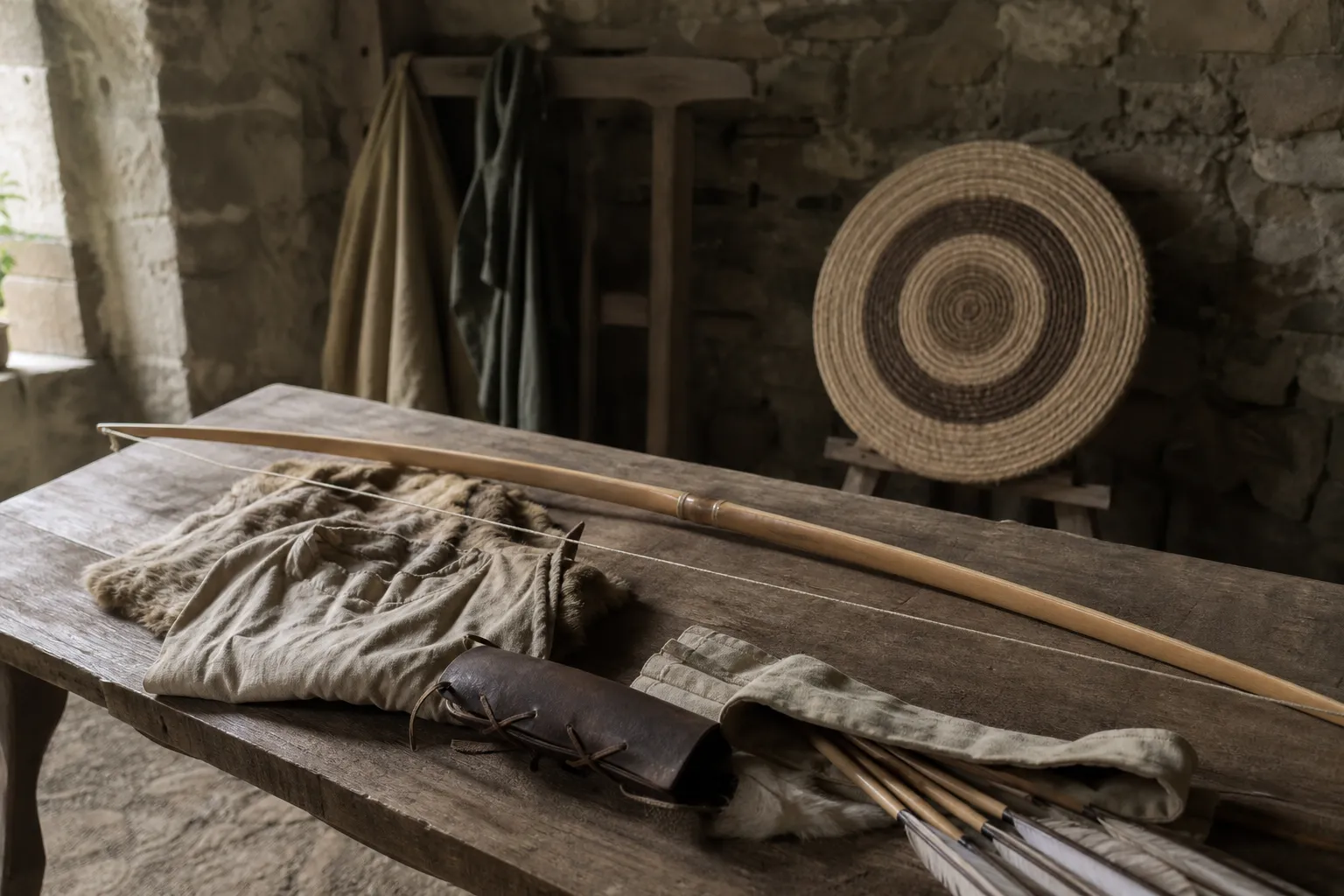 A historical archery display with a longbow, arrows, and period style gear in a museum like room.