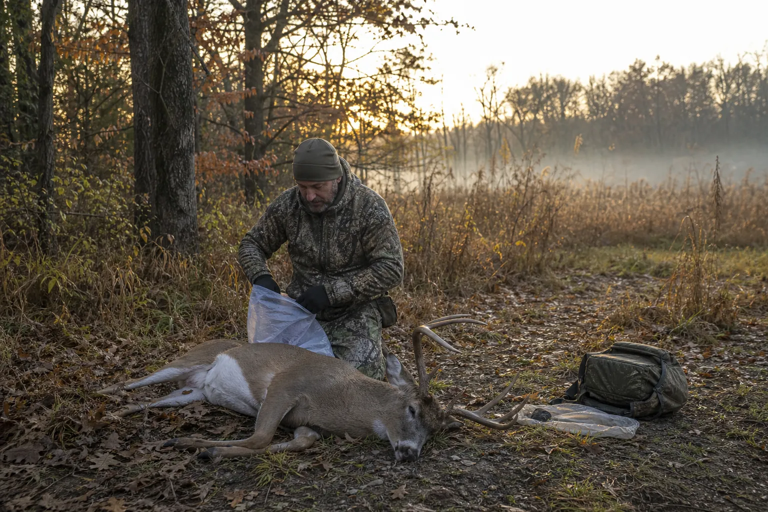 A hunter prepares to field dress a deer on the forest floor at first light with tools laid out nearby.