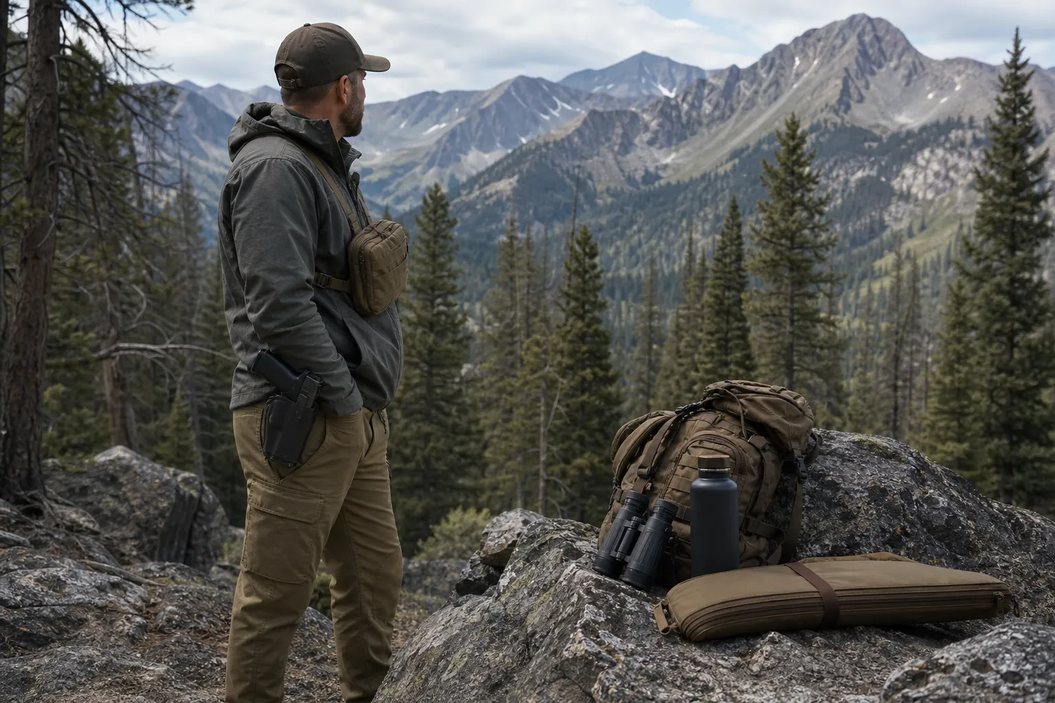 A backcountry hiker in mountain forest carrying a holstered handgun with camping gear nearby.