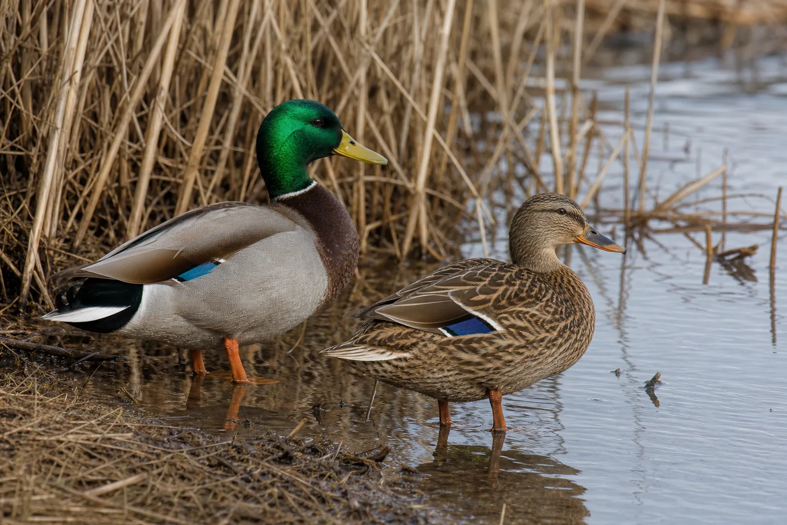 A male and female mallard stand in shallow marsh water, showing the drake’s green head and blue wing patch and the hen’s brown mottled plumage.