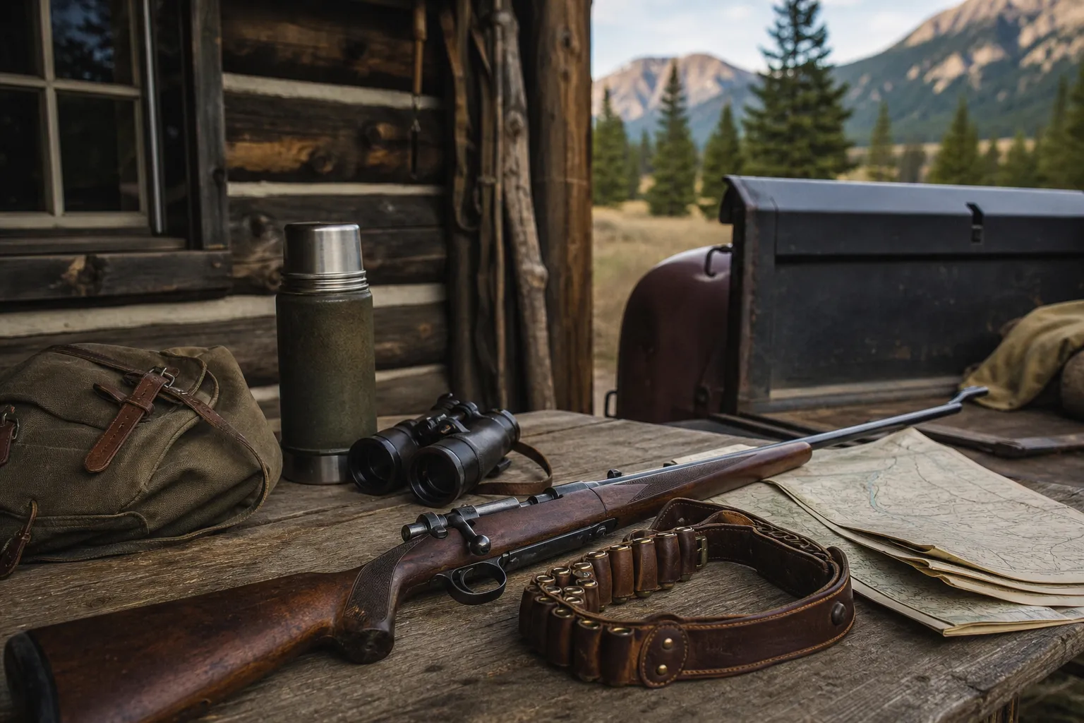 A vintage styled hunting camp still life with a rifle, cartridges and gear on a wooden table.