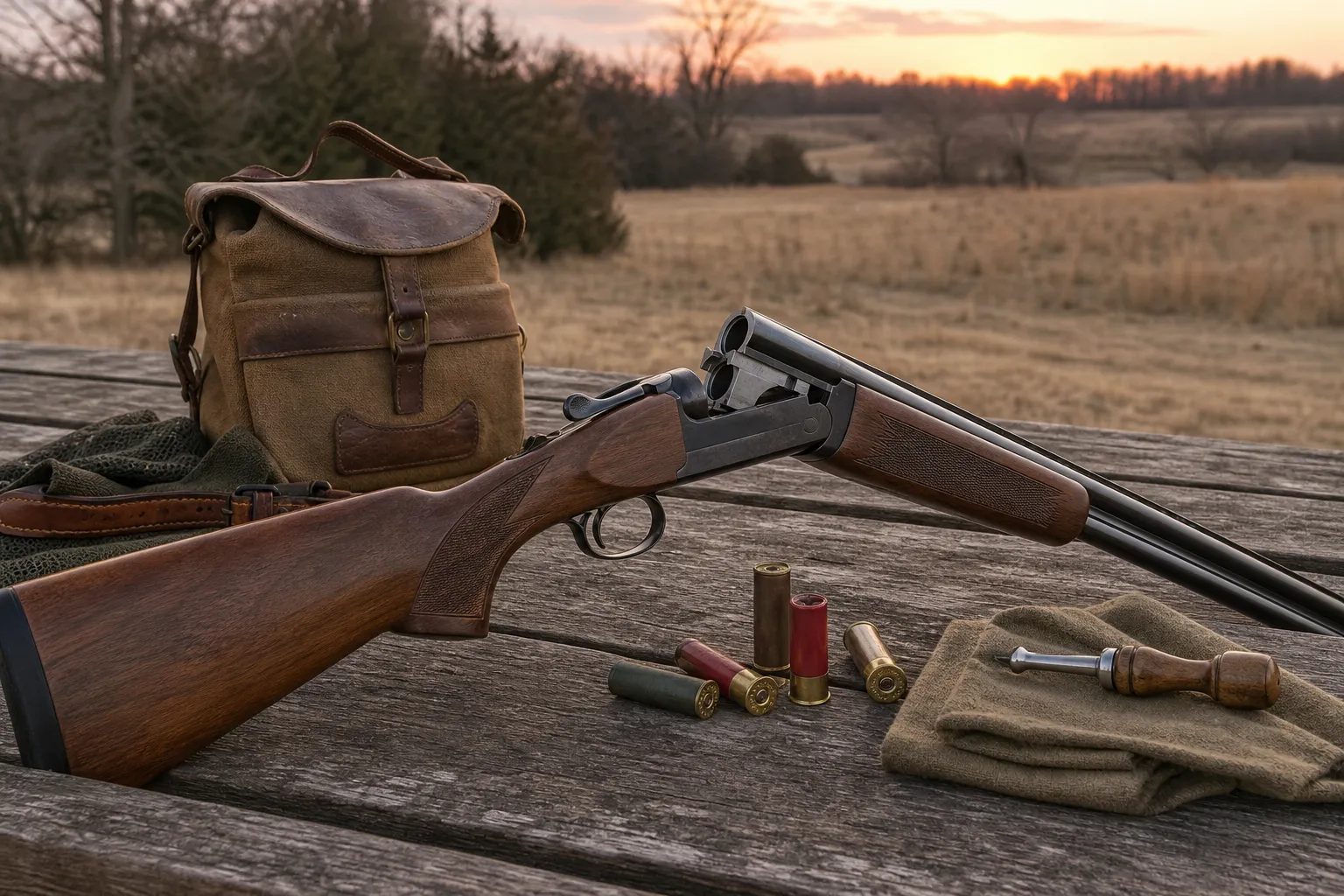 An open break action shotgun lies safely on a wooden table with shells and hunting gear in a rural outdoor setting.