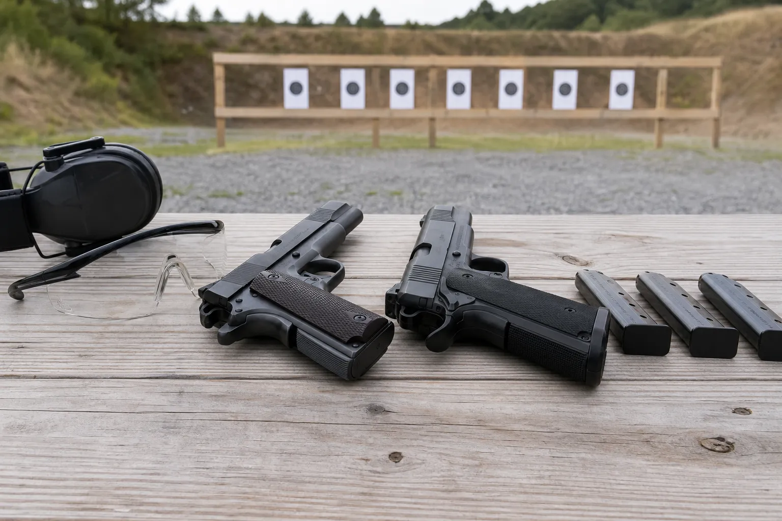 Two unloaded 1911 style pistols and magazines resting safely on a range table for a comparison scene.