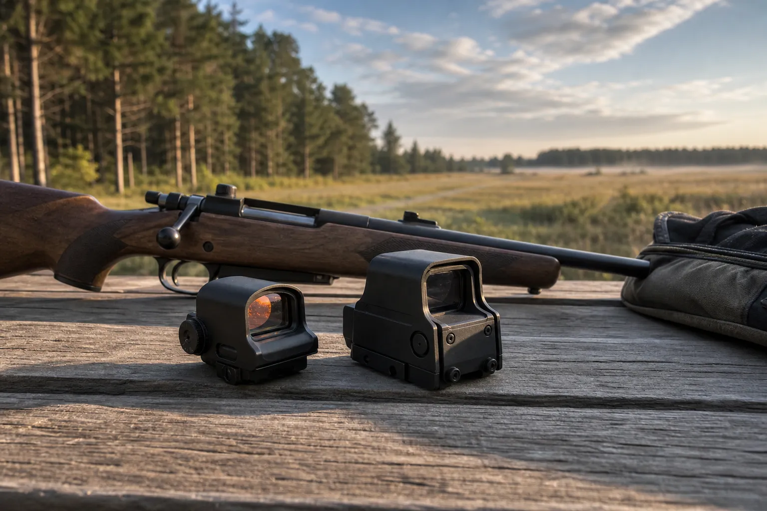Two generic rifle sights, one red dot and one holographic style, rest beside an unloaded rifle on an outdoor shooting bench.