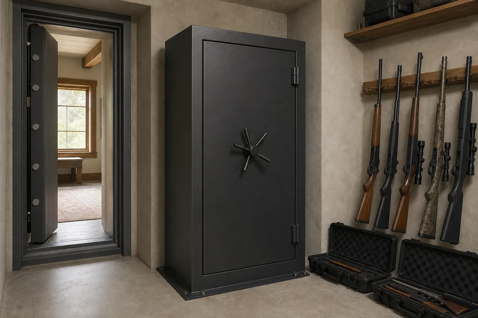 A large gun safe bolted to a concrete floor in a tidy home storage area with safely stored firearms nearby.