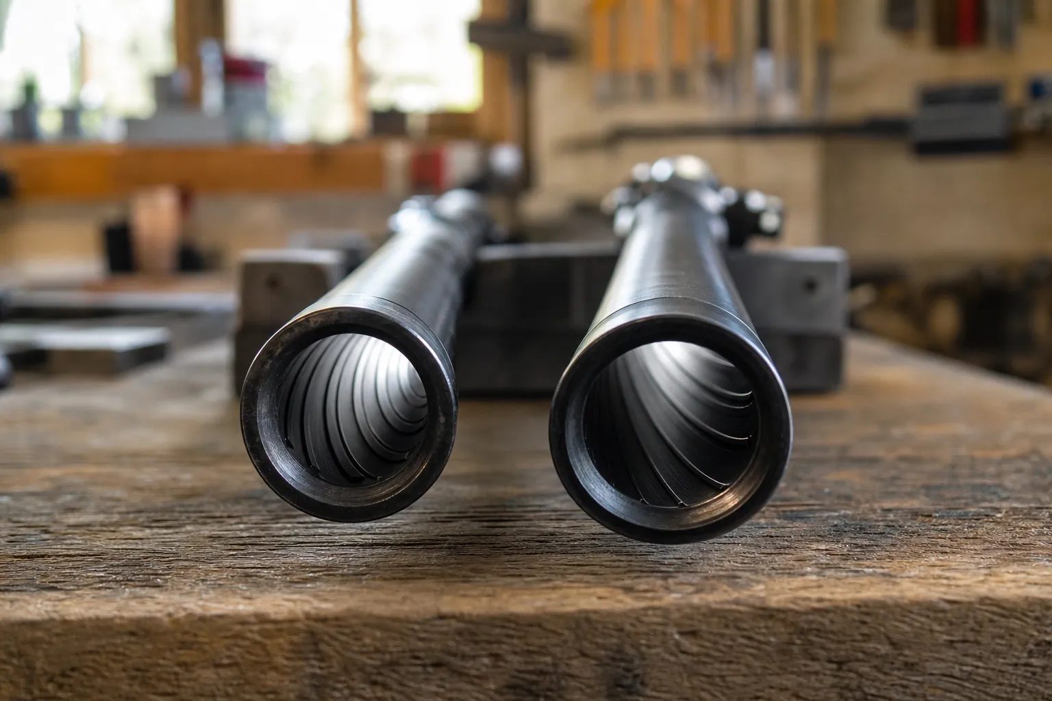 Two rifle barrels resting on a workbench in a gunsmithing shop, suggesting different rifling twist rates.