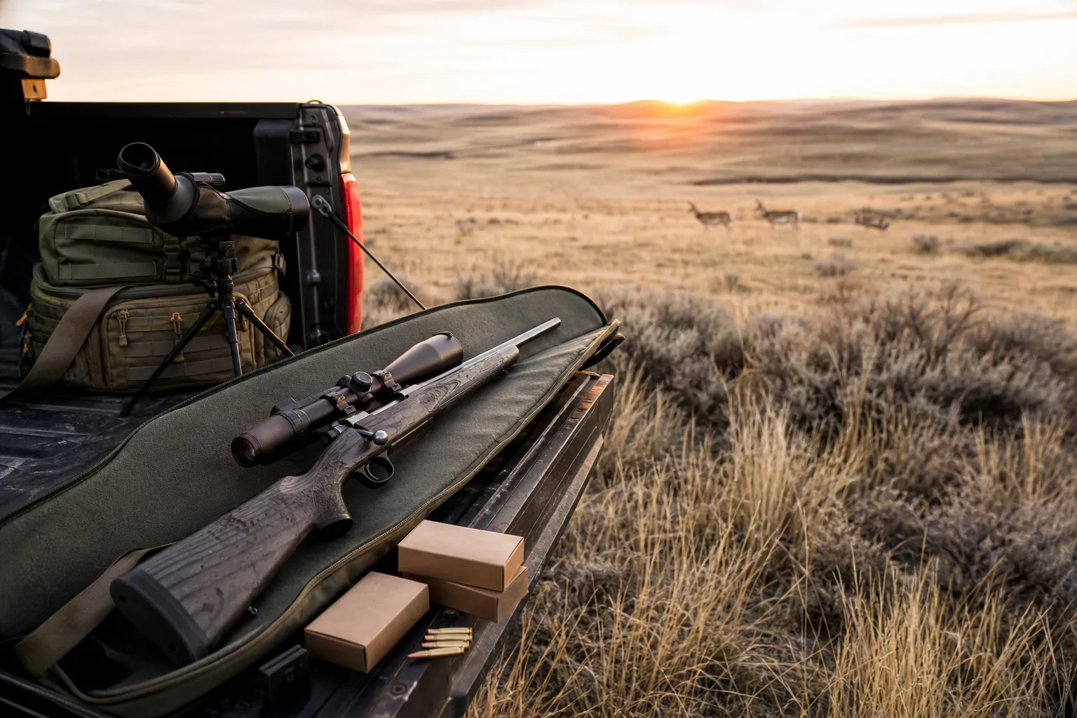 A bolt action rifle in a case rests on a pickup truck tailgate beside shooting gear with open prairie in the background.