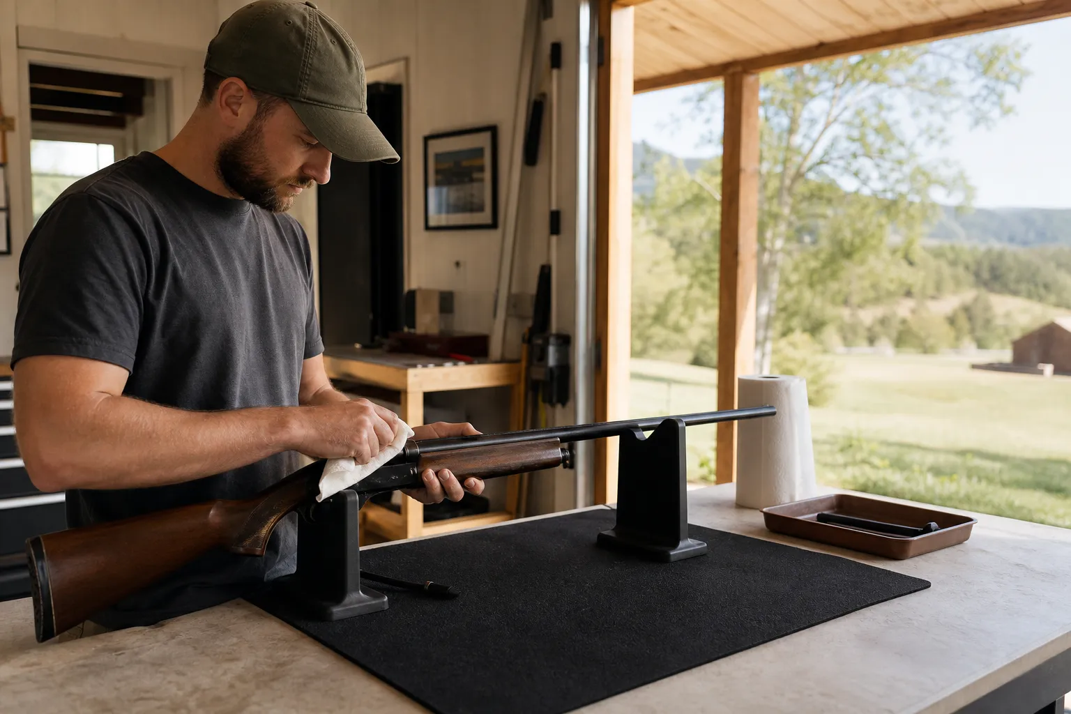A clean, airy work area is set up for firearm cleaning with a gun resting safely on a mat.