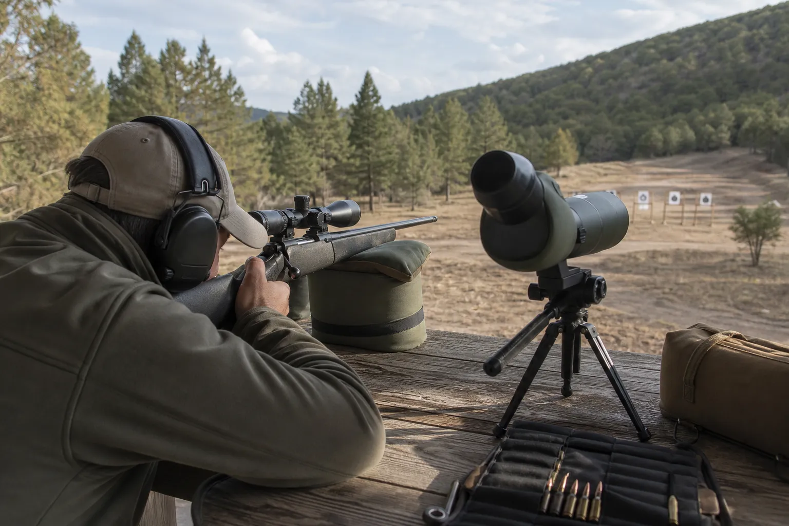 An adult shooter sighting in a scoped rifle from a bench rest at an outdoor range with safety gear and paper targets downrange.