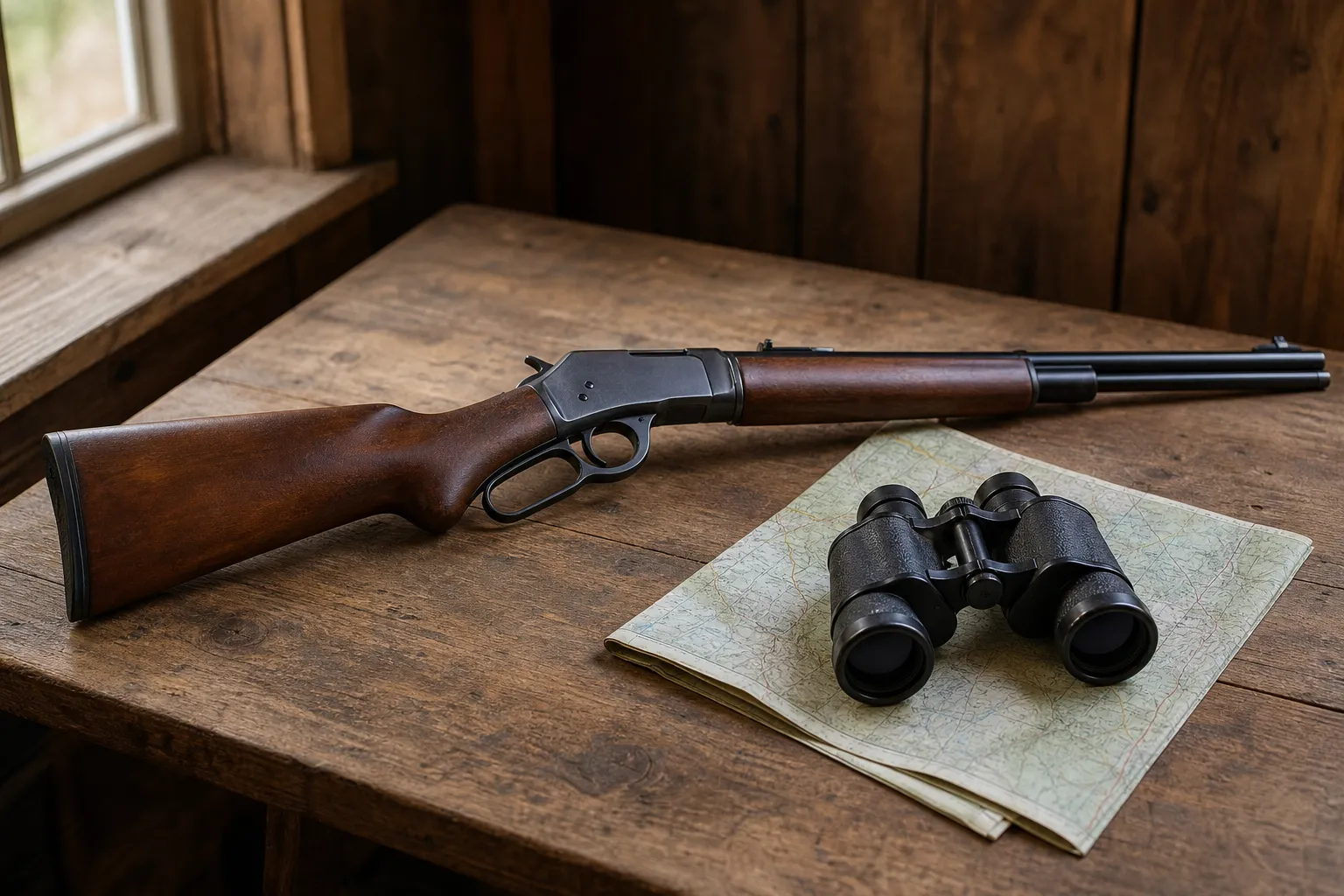 A lever action rifle lies on a table beside binoculars and a map for an educational overview.