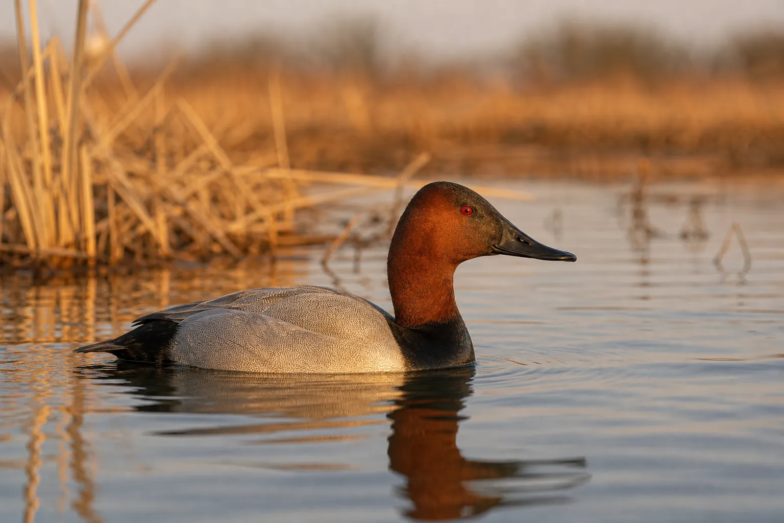 A canvasback duck swims in a marsh, showing its long sloping head and bill profile.