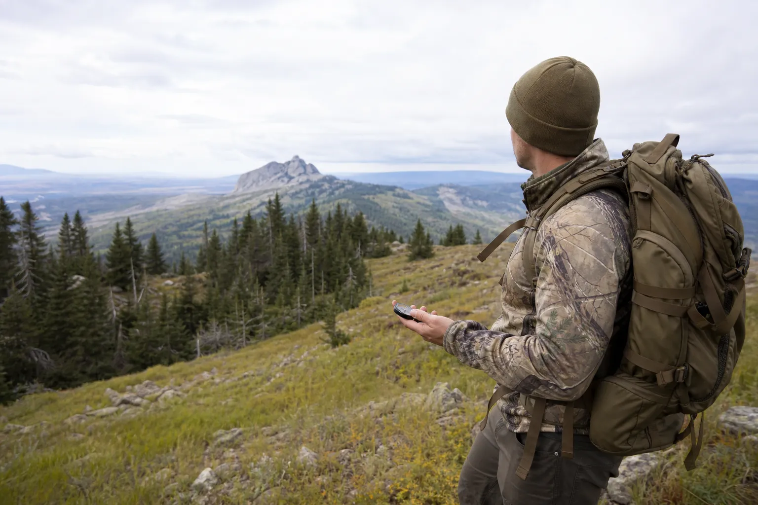 A hiker uses a compass to walk a bearing through open woodland.