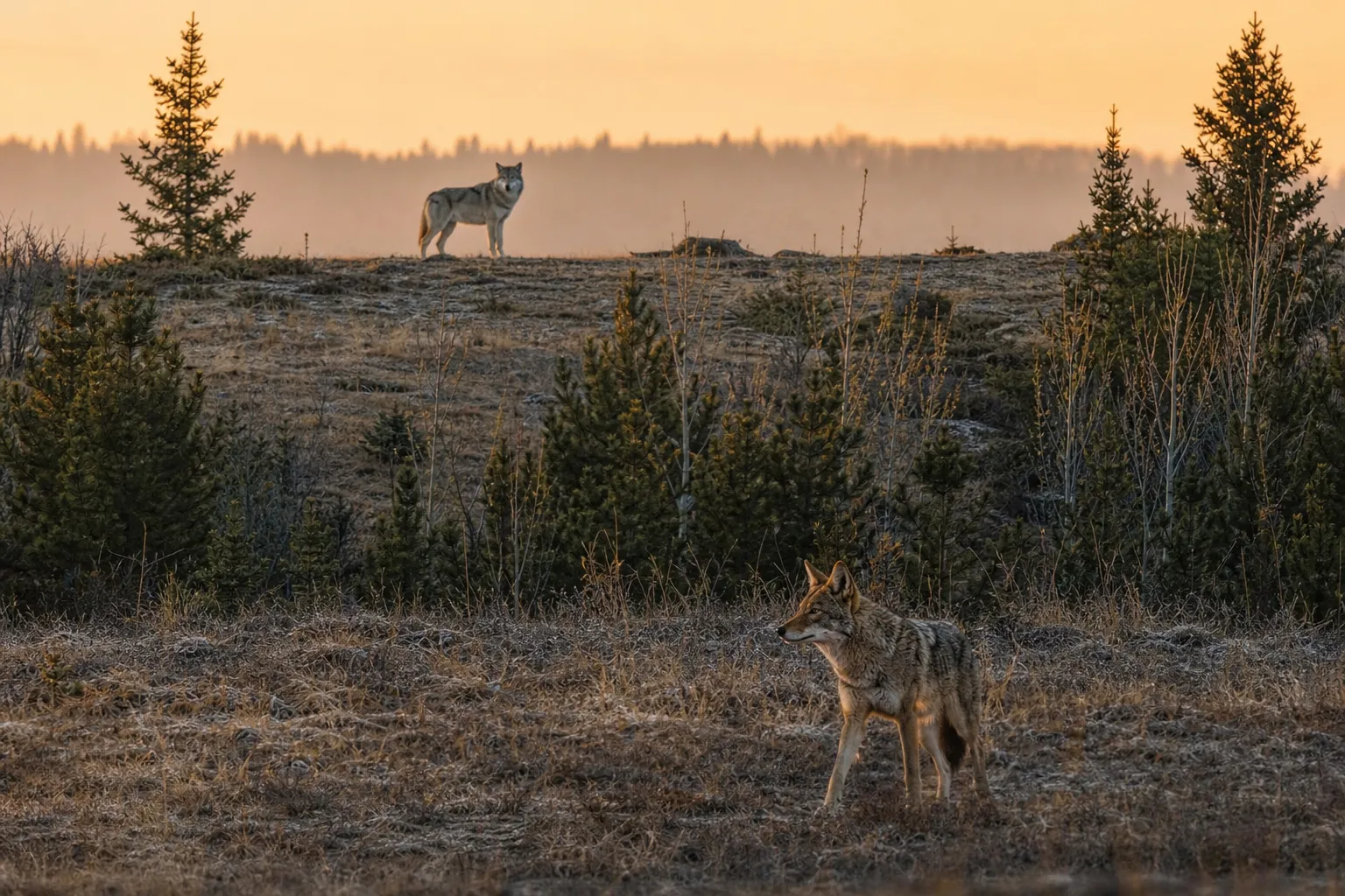 A coyote in the foreground and a wolf on a distant ridge in a natural North American habitat at dawn.