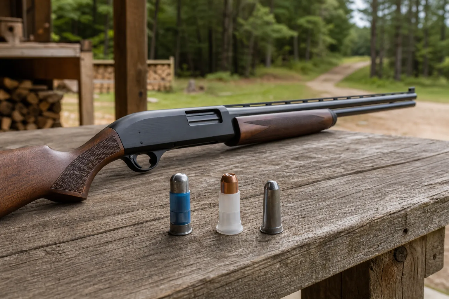 A shotgun resting safely on a table beside three different shotgun slugs in an outdoor setting.