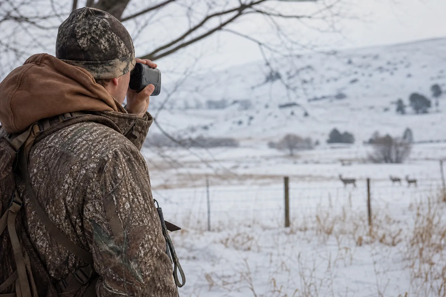 A hunter ranges a scene with several overlapping foreground and background objects in a winter field.