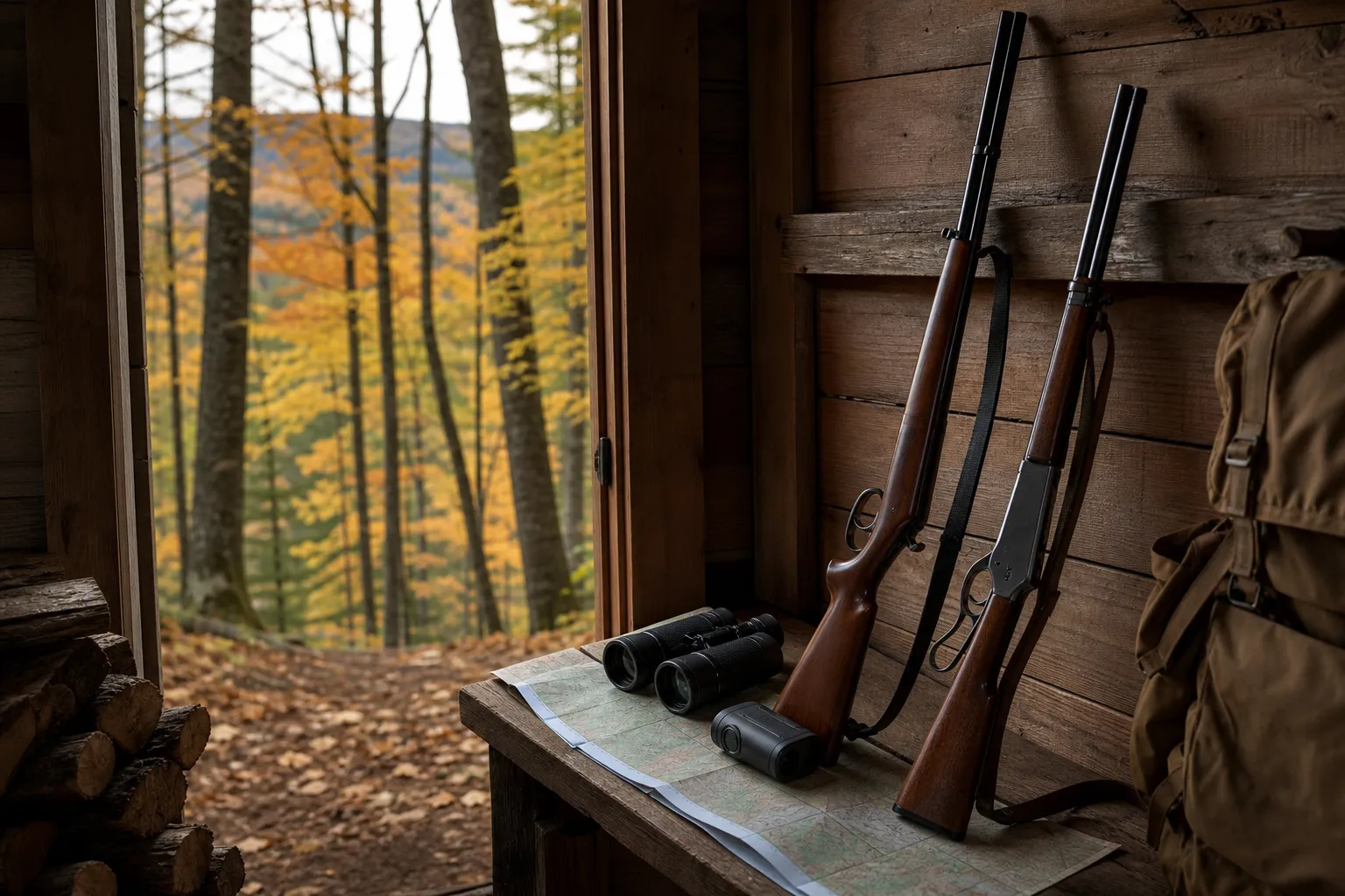 An unloaded lever action rifle and a single shot rifle rest in a hunting camp with binoculars and gear nearby.