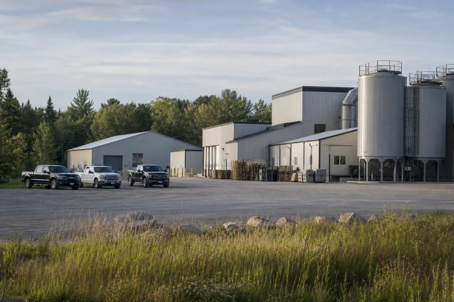 A quiet industrial building complex in a rural Canadian setting.