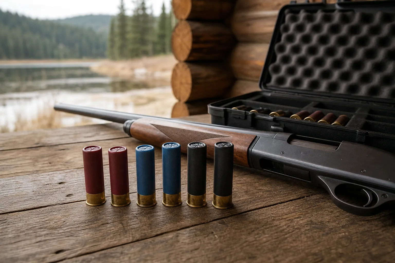 A shotgun, open case, and several different length shotgun shells arranged on a cabin table.