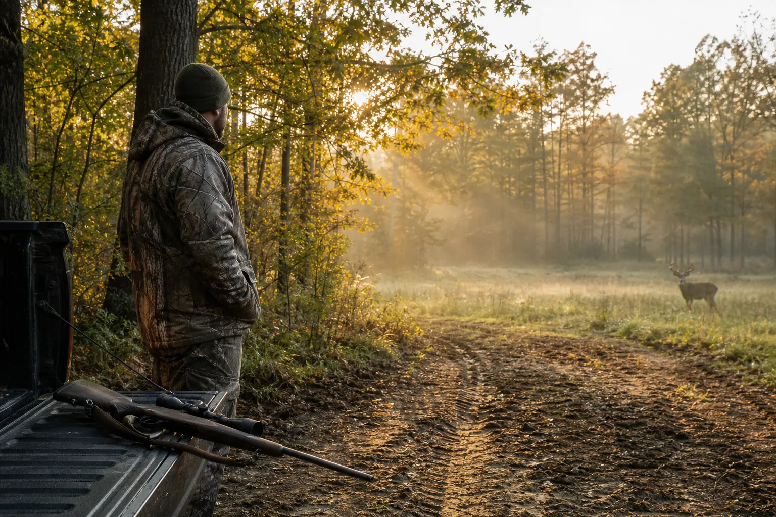 A hunter stands at a truck tailgate in a wooded deer hunting setting with a rifle resting safely and morning light in the trees.