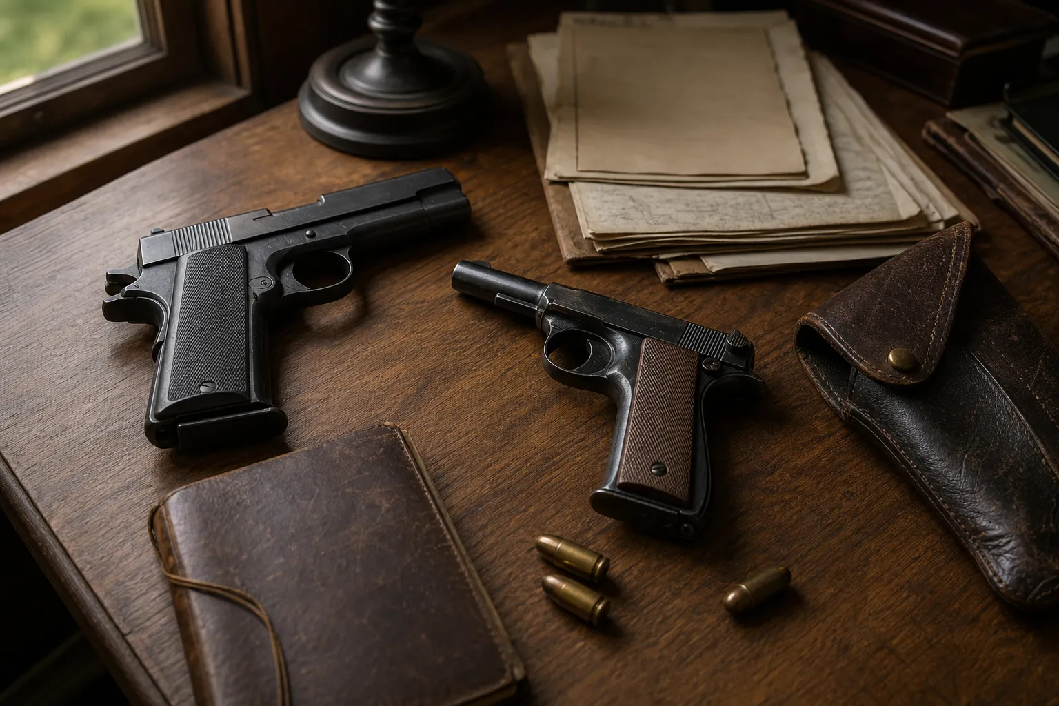 Historical tabletop arrangement suggesting two different handgun eras with generic pistols, leather gear, and papers on a wooden desk.