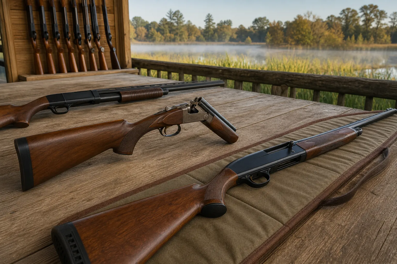 Several generic shotguns of different action types are arranged safely on a table in a calm outdoor setting.