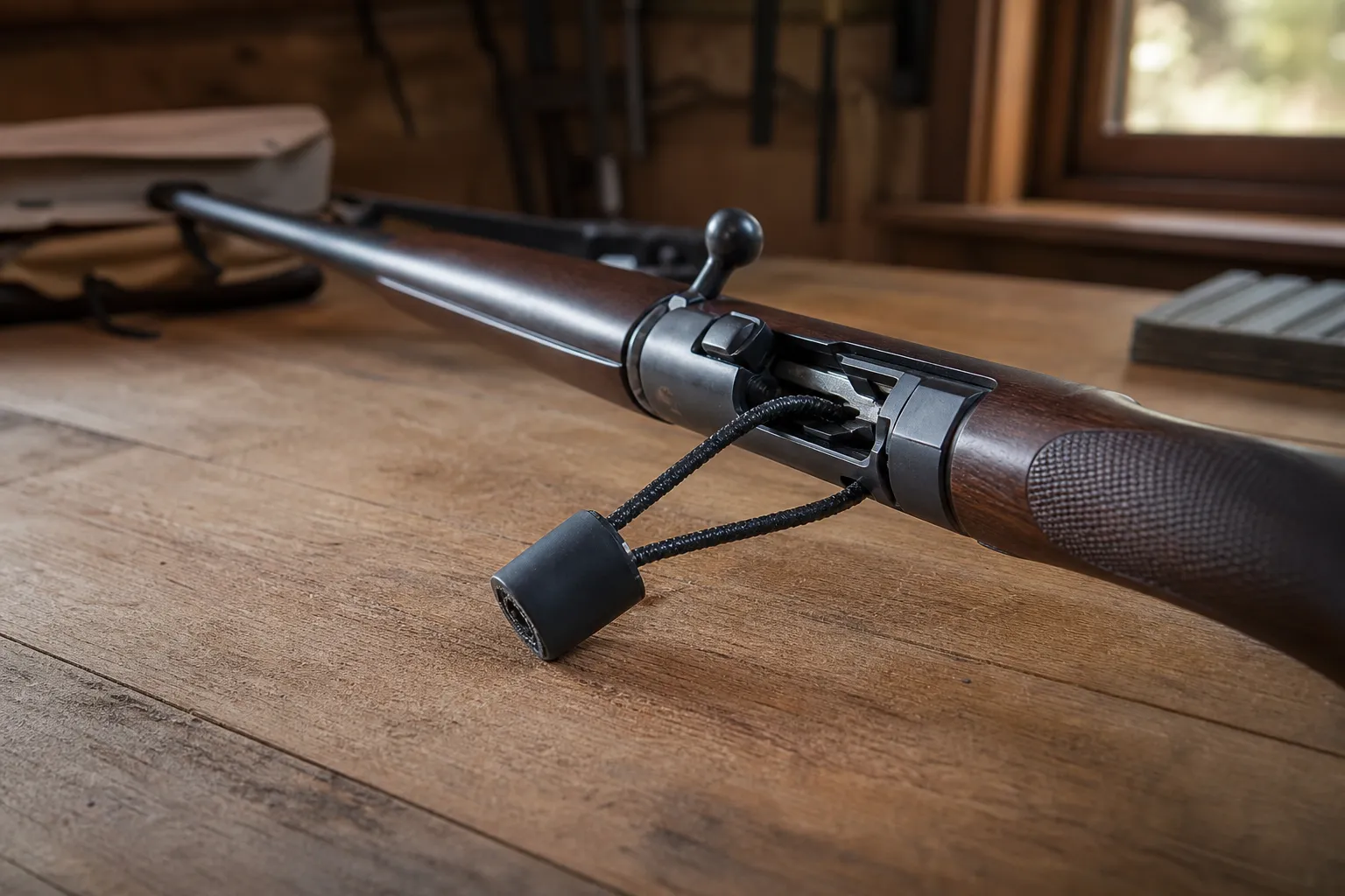 A cable lock threaded through an unloaded long gun resting safely on a table.