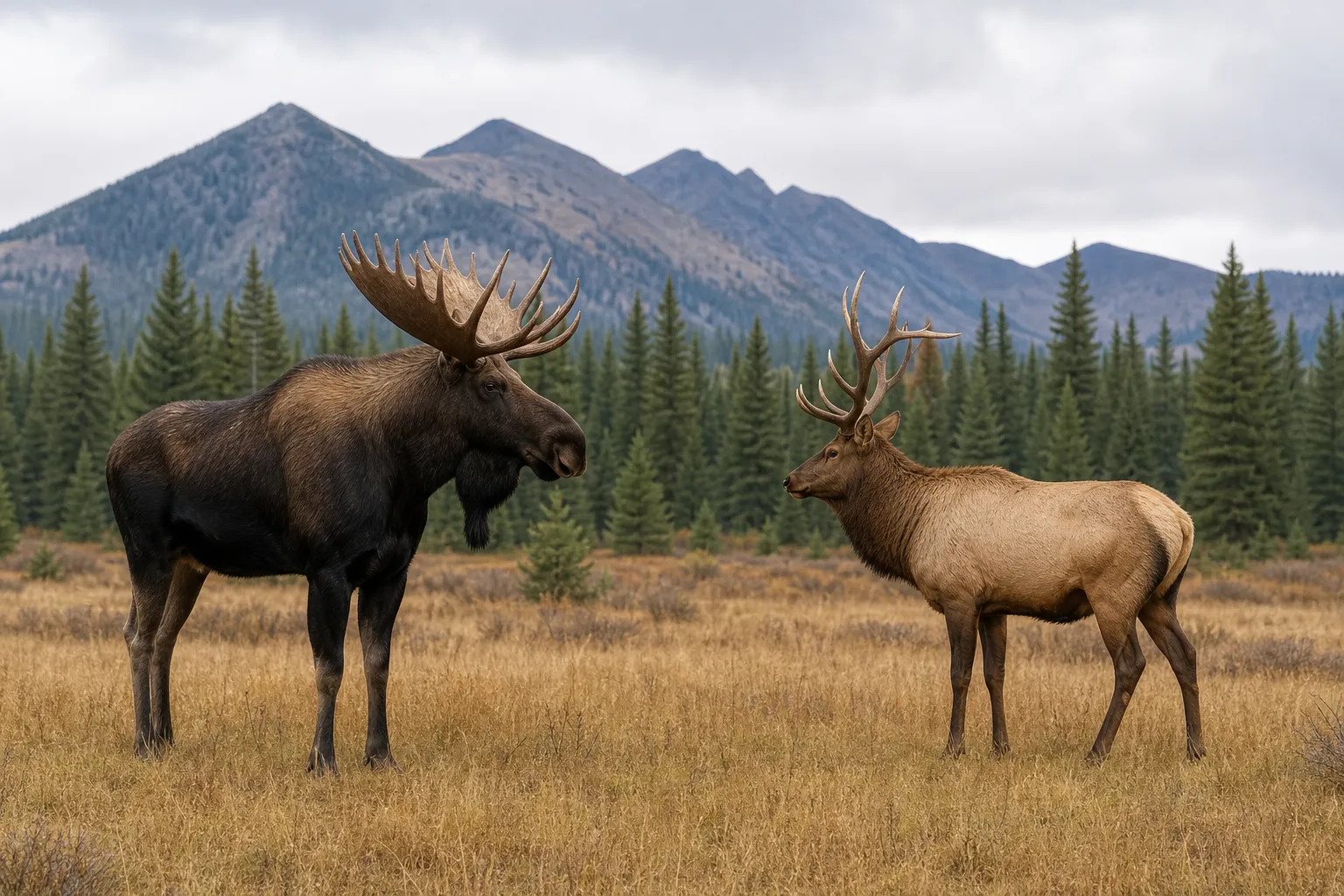 A moose and an elk stand in the same frame for an easy visual comparison of their size and antlers.