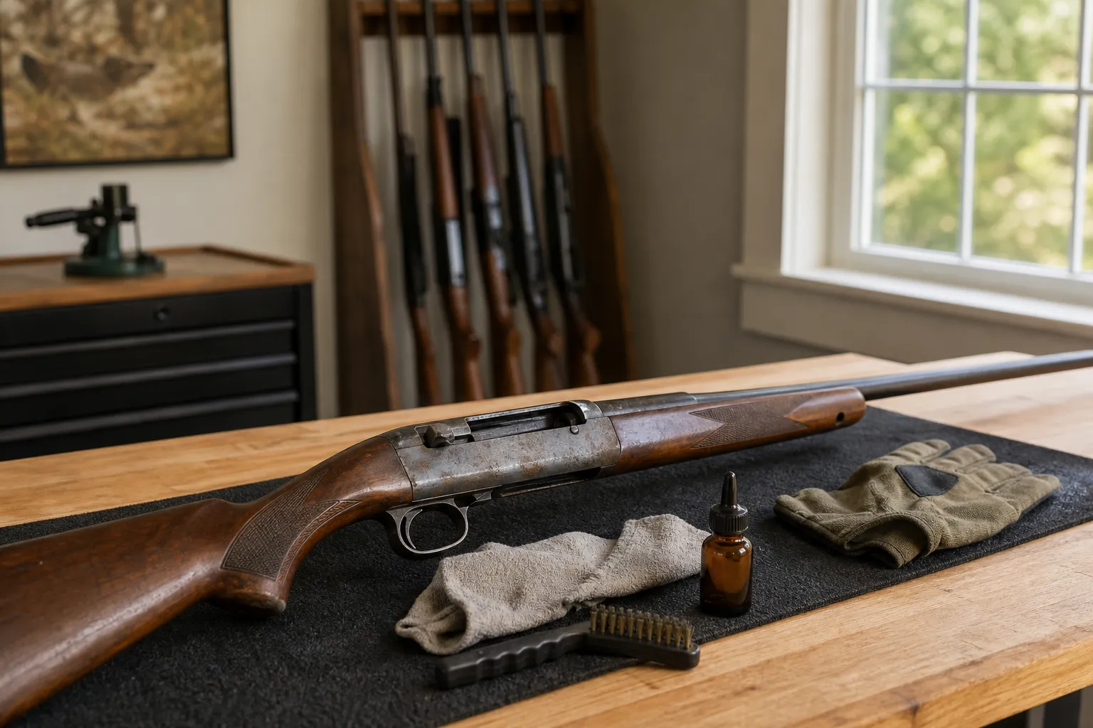 A safely unloaded firearm lies on a workbench beside oil, cloths, and cleaning tools, with light surface rust visible on one metal area.