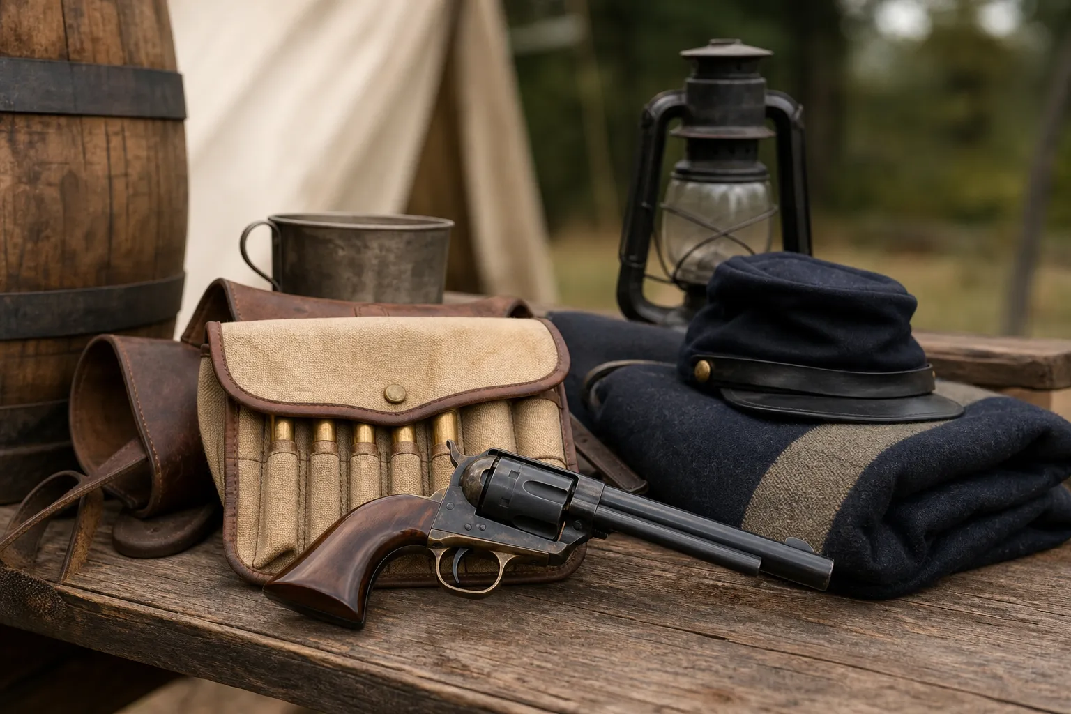A revolver rests beside period military gear on an outdoor table in a frontier camp setting.
