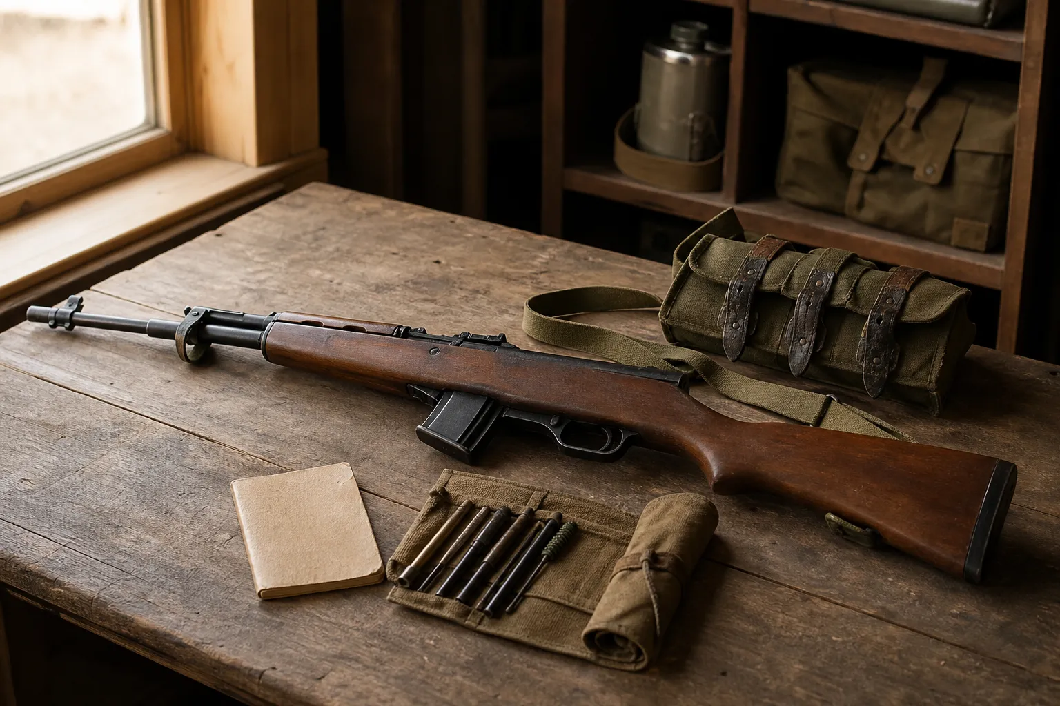 A historic self loading carbine rests on a wooden workbench with period gear in warm window light.