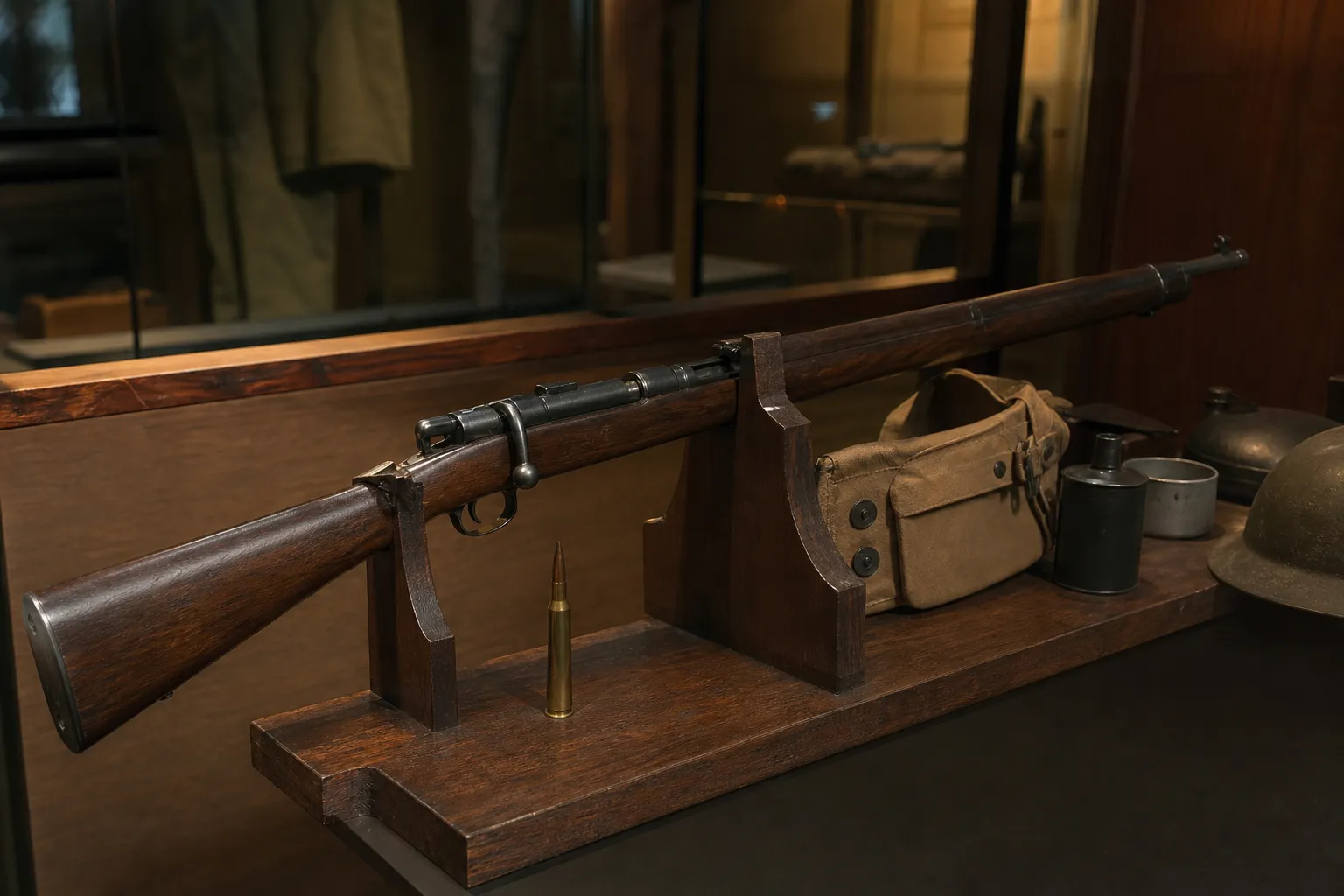 A historical rifle display with period gear and a cartridge in a museum style setting.