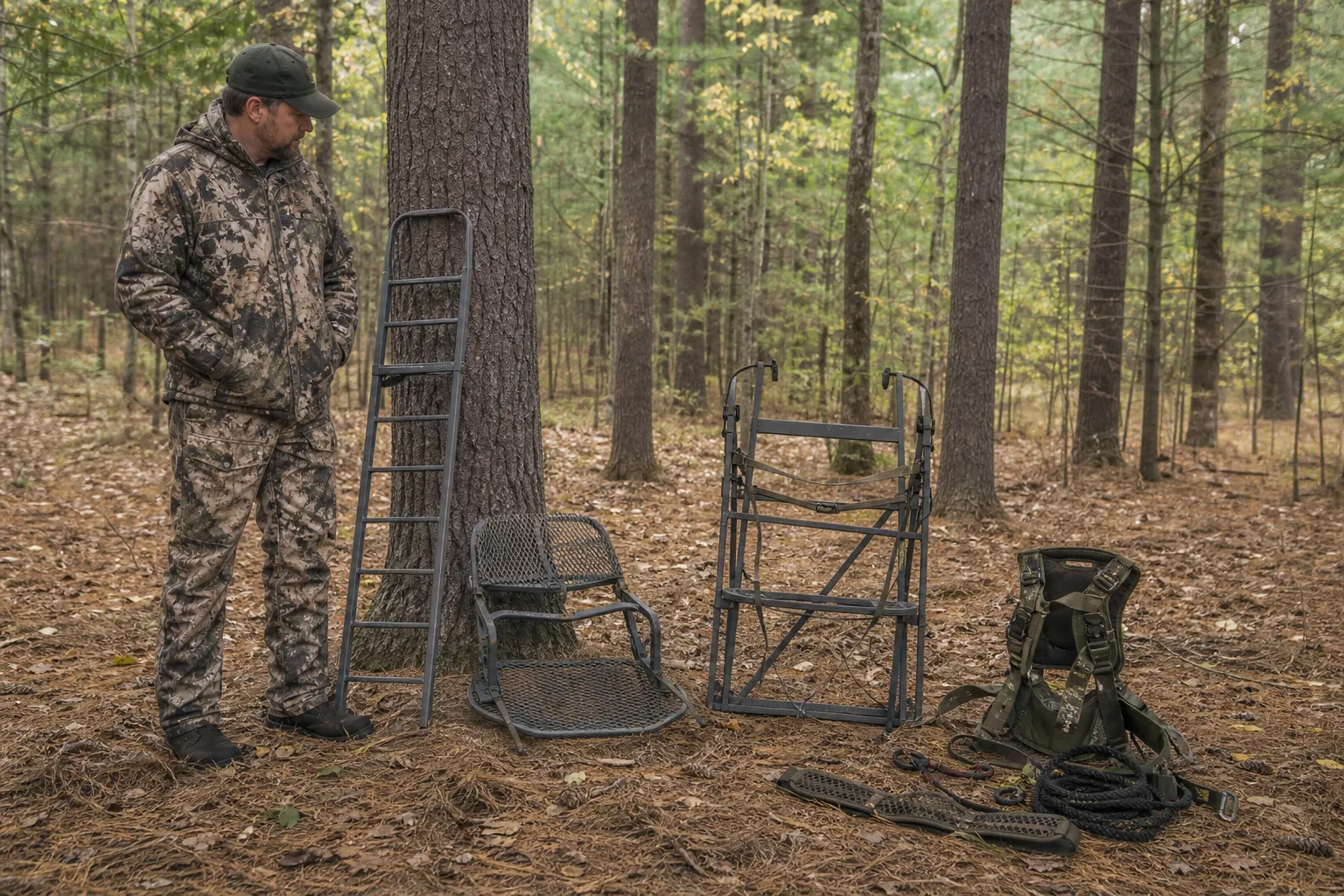An adult hunter stands beside several types of elevated hunting gear laid out for comparison in the woods.