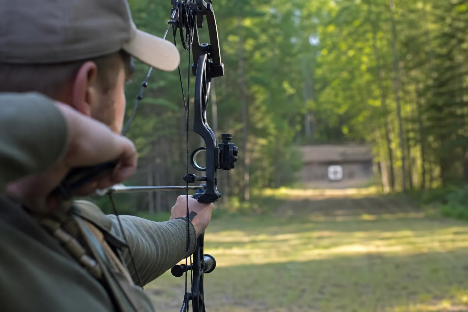 An archer looks through a peep sight on a compound bow at an outdoor range.