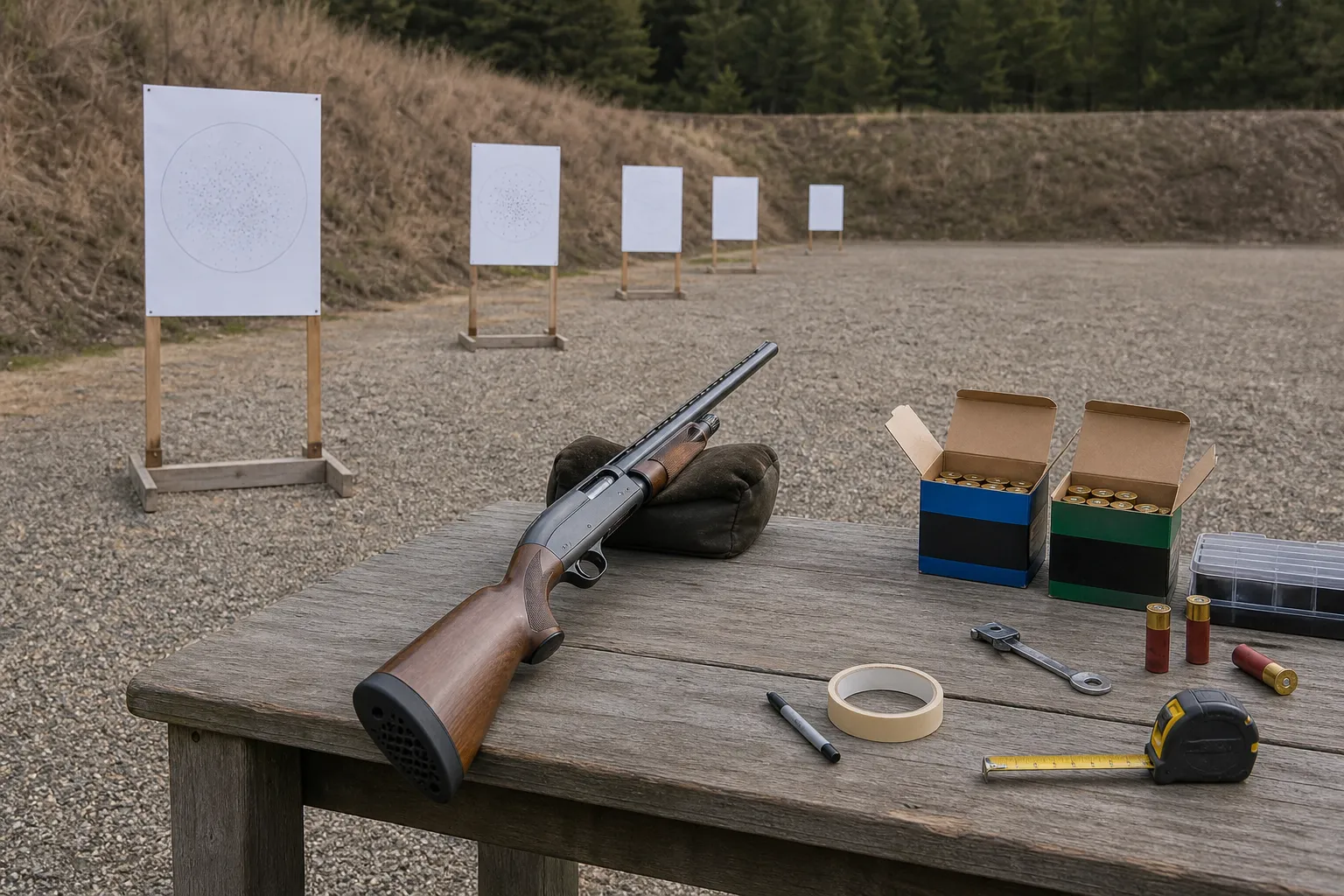 A shotgun, paper targets, and patterning tools arranged safely at an outdoor shooting range.