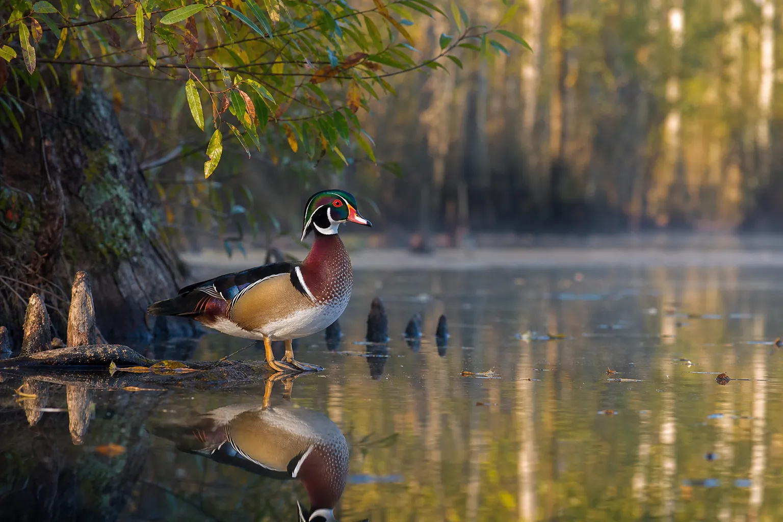 A colorful male wood duck stands beside a quiet forest pond in a North American wetland.