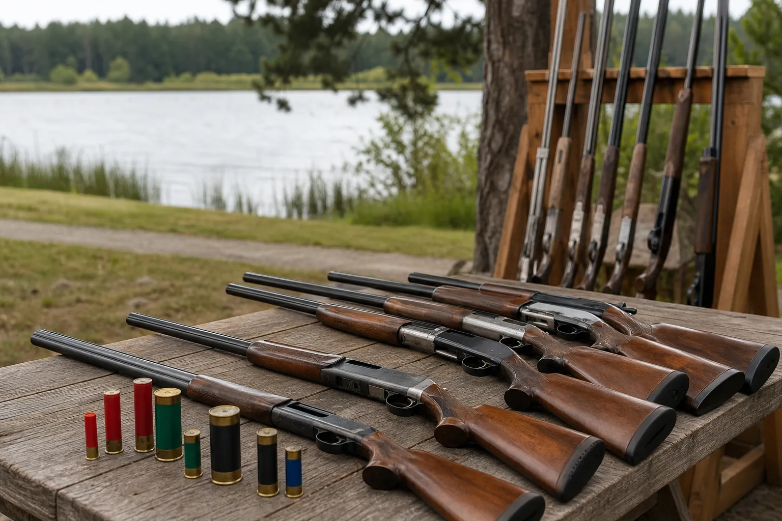 Several generic shotguns resting safely on a bench and rack in a rural shooting setting with shells arranged nearby for comparison.