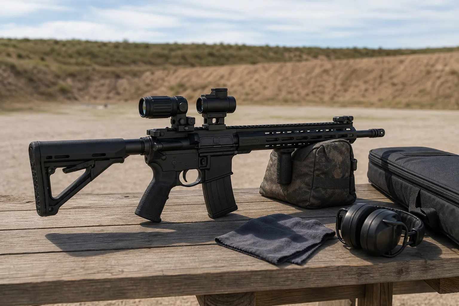 A rifle rests on a shooting bench with a red dot sight and magnifier mounted behind it at an outdoor range.